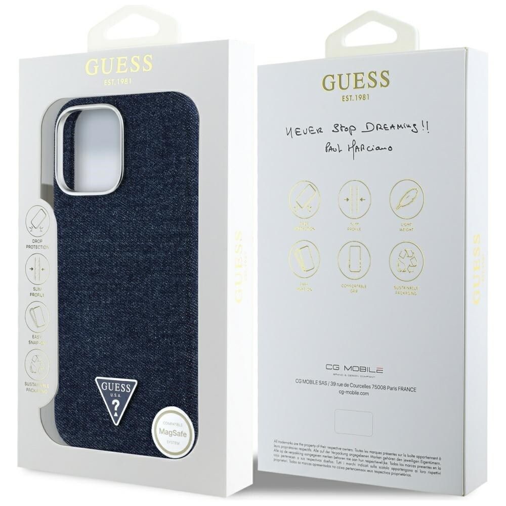 Guess Denim Triangle Logo MagSafe iPhone 16 Pro-etui - Blå