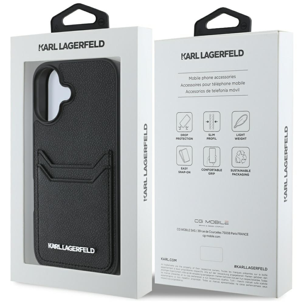 Karl Lagerfeld HC Grained PU Cardslot Metal Elong iPhone 16 Etui - Sort
