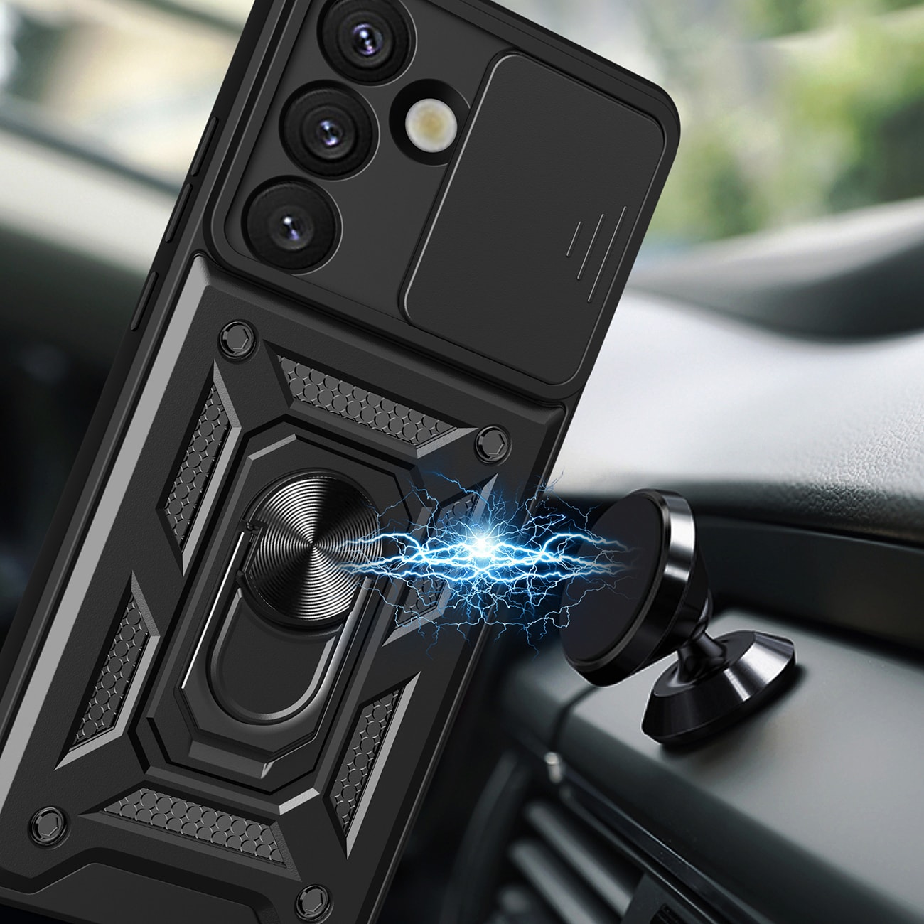 Hybrid Armor Camshield pansarväska med stativ och kameraskydd för Vivo V50 5G - Svart