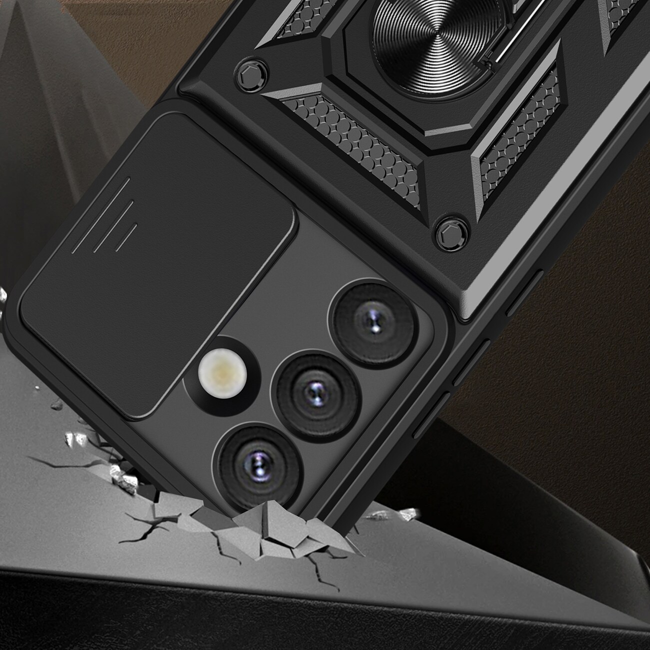 Hybrid Armor Camshield-etui med stativ og kameradæksel til Oppo F29 5G - Sort