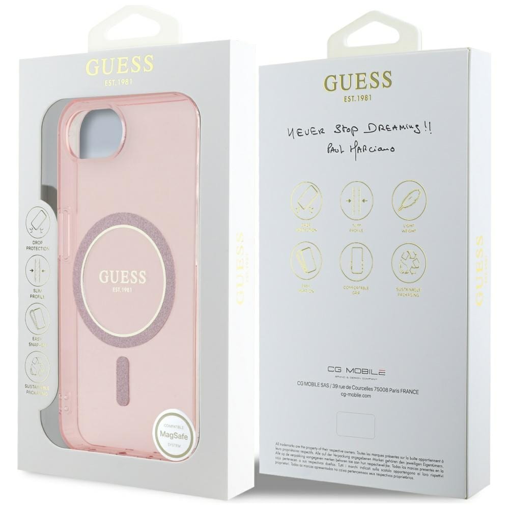 Guess IML Glitter Circle MagSafe-etui til iPhone 16e - pink