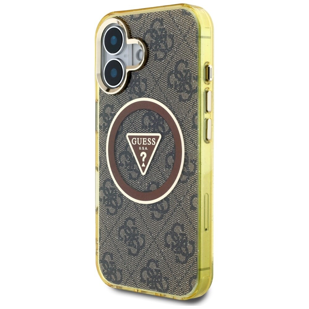 Guess IML Metall Glitter 4G Cirkel Triangel MagSafe Fodral för iPhone 16 - Brun