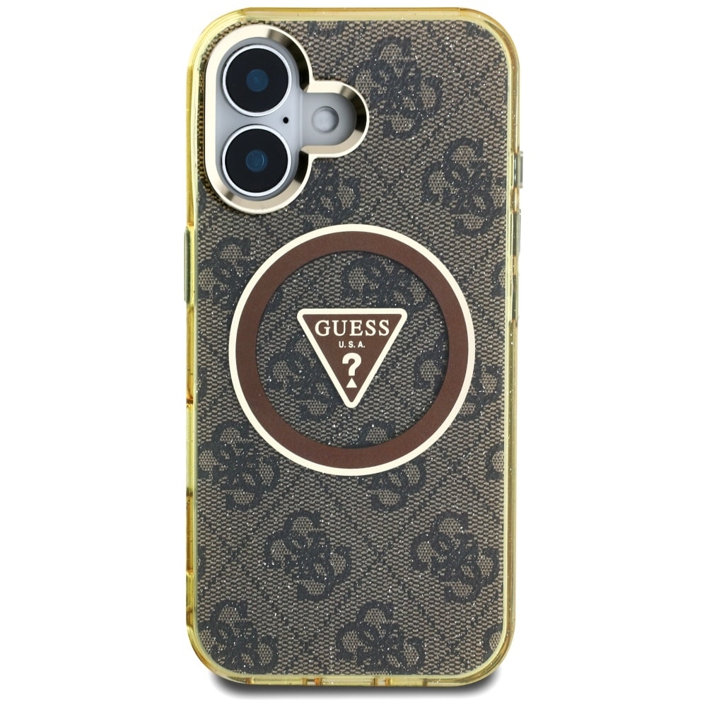Guess IML Metall Glitter 4G Cirkel Triangel MagSafe Fodral för iPhone 16 - Brun