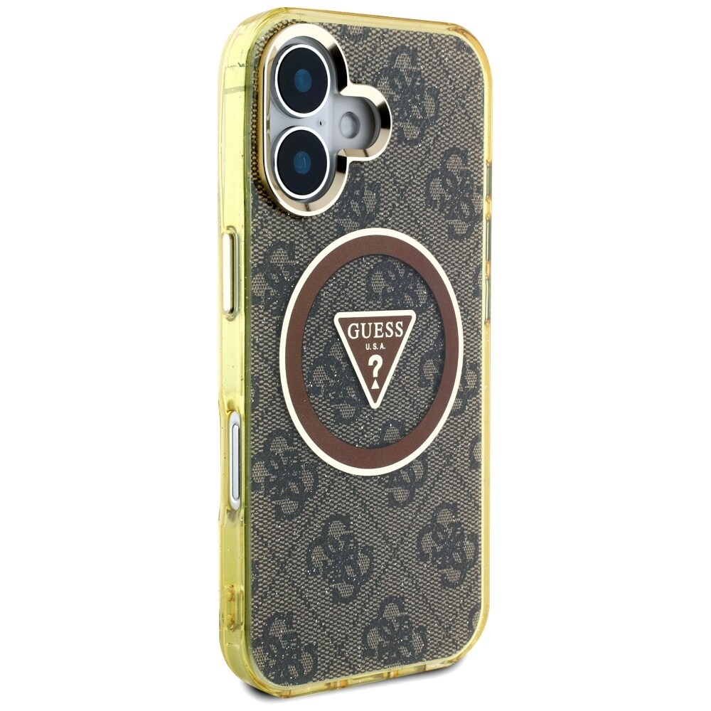 Guess IML Metall Glitter 4G Cirkel Triangel MagSafe Fodral för iPhone 16 - Brun