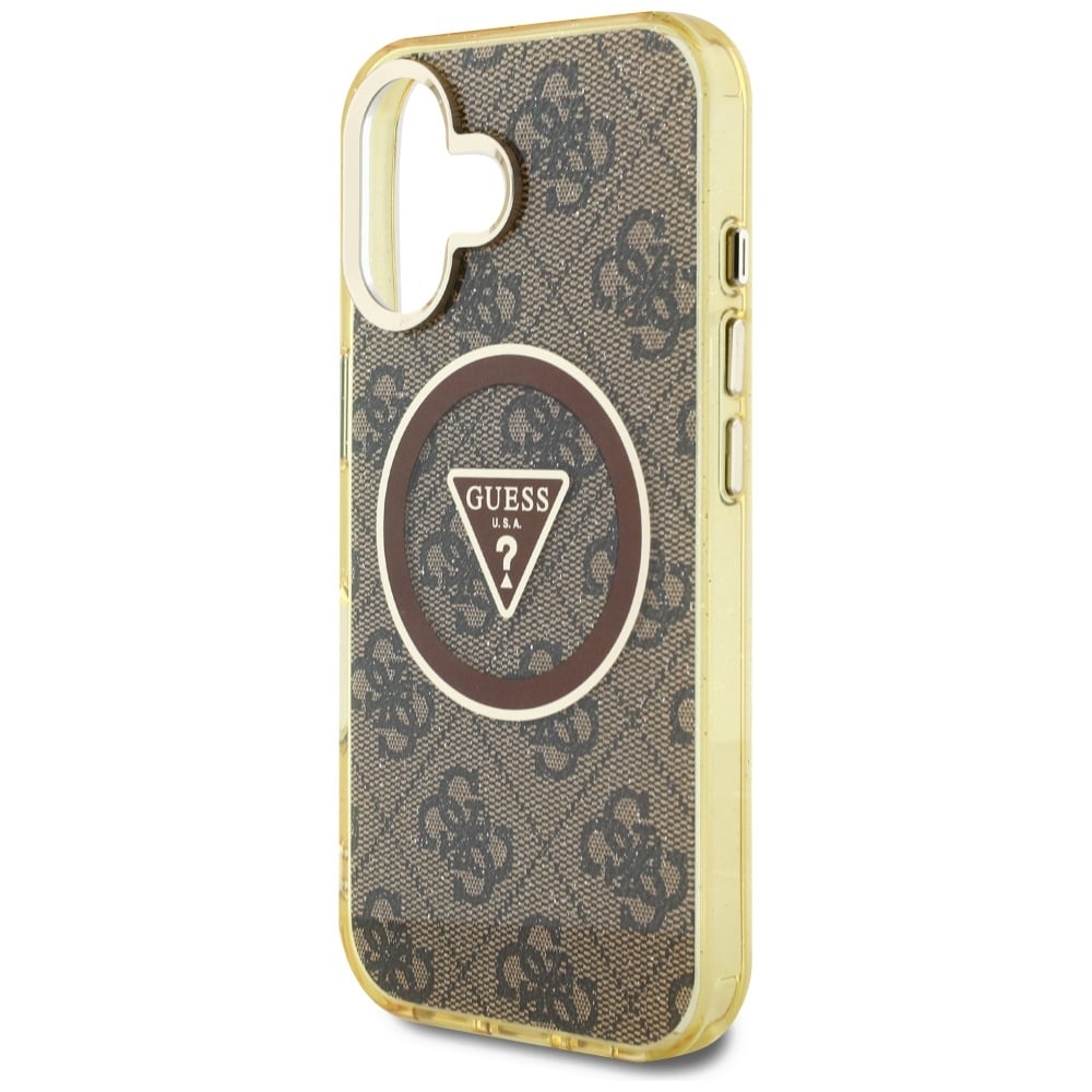 Guess IML Metall Glitter 4G Cirkel Triangel MagSafe Fodral för iPhone 16 - Brun