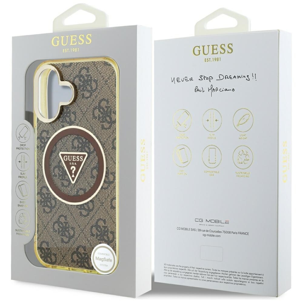 Guess IML Metall Glitter 4G Cirkel Triangel MagSafe Fodral för iPhone 16 - Brun