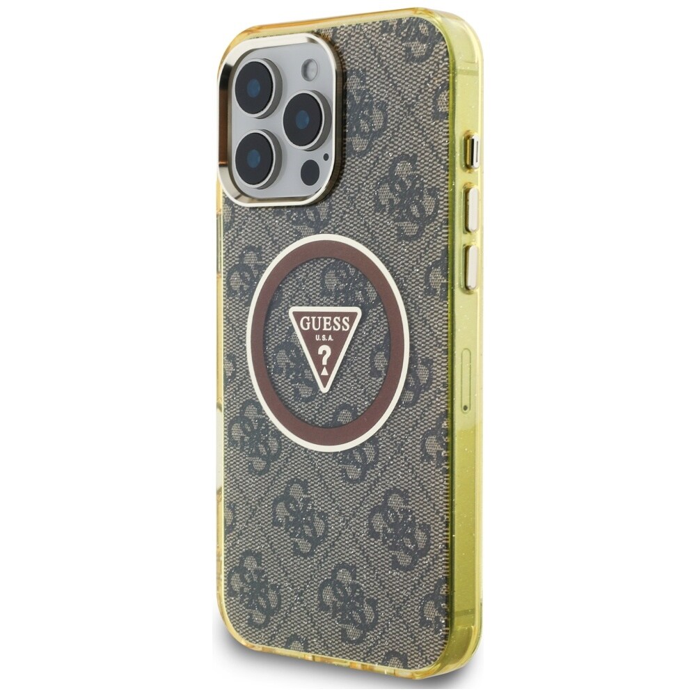 Guess IML Metallglitter 4G Cirkel Triangel MagSafe-fodral för iPhone 16 Pro - Brun