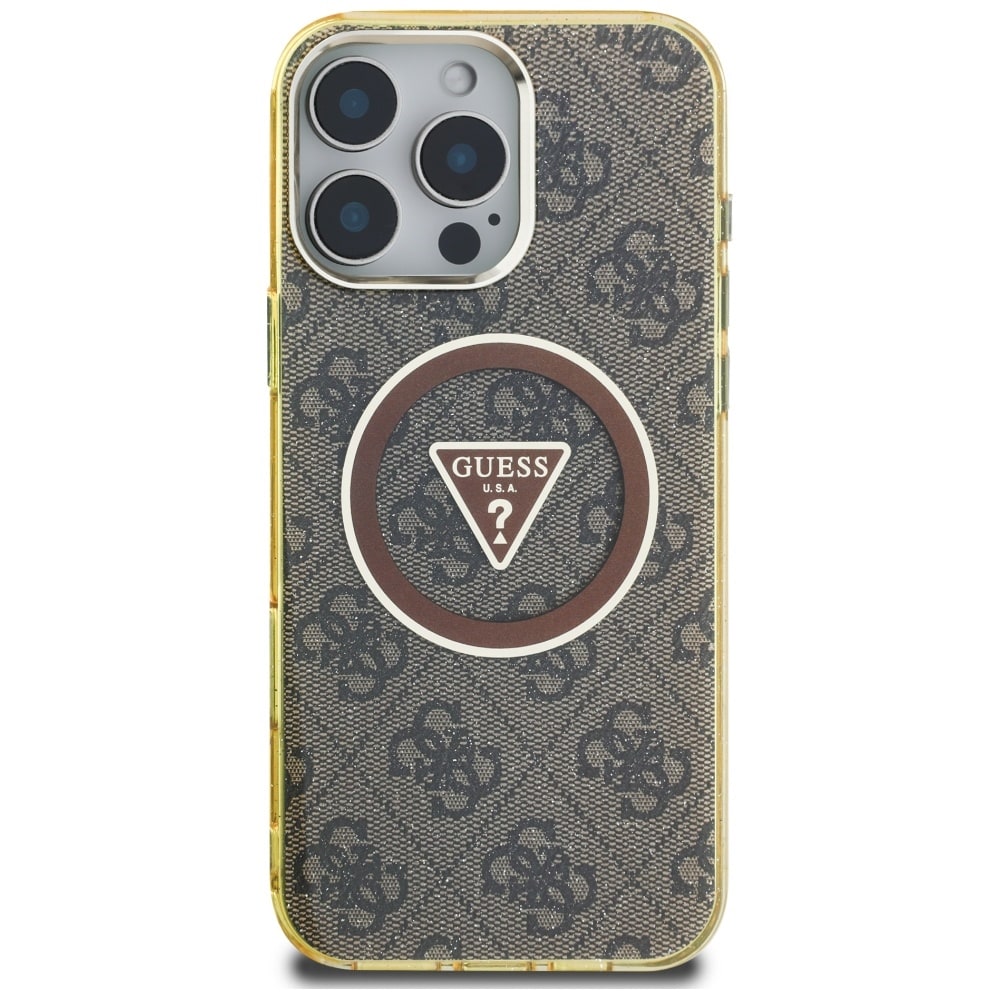 Guess IML Metallglitter 4G Cirkel Triangel MagSafe-fodral för iPhone 16 Pro - Brun