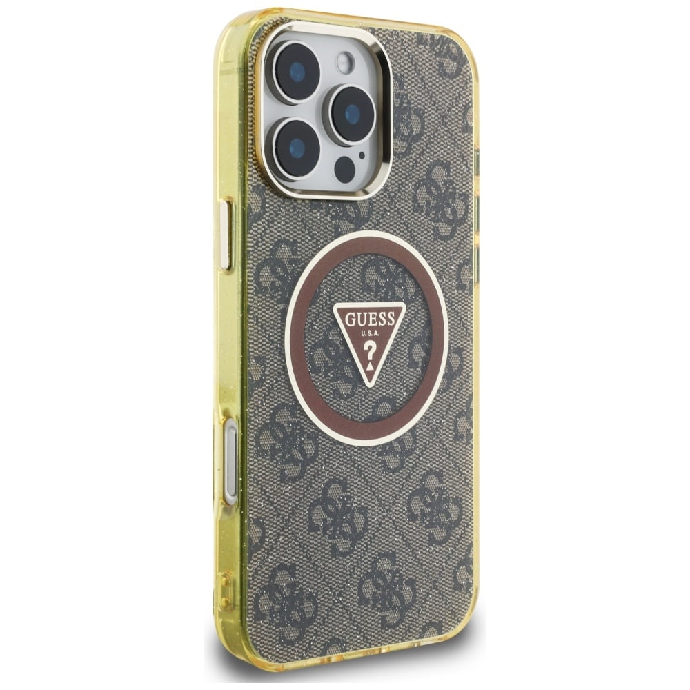 Guess IML Metallglitter 4G Cirkel Triangel MagSafe-fodral för iPhone 16 Pro - Brun