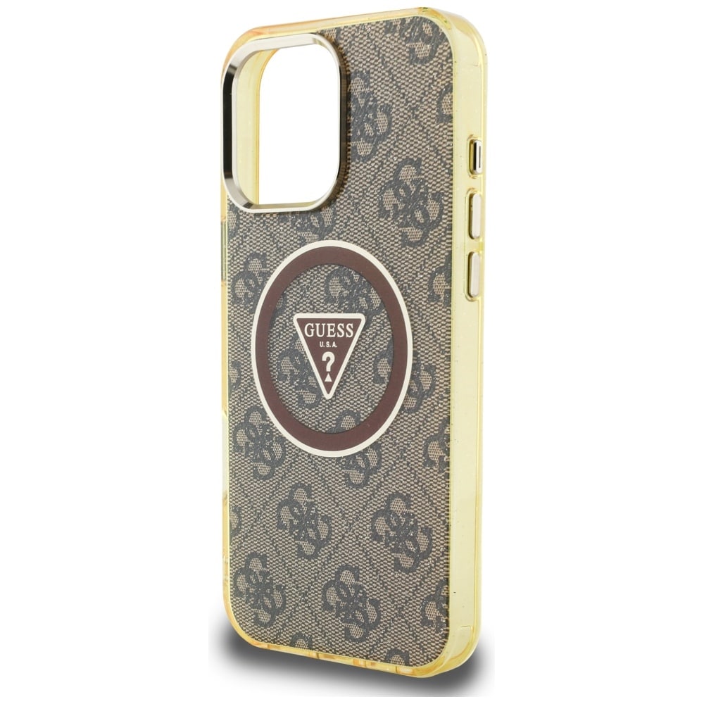 Guess IML Metallglitter 4G Cirkel Triangel MagSafe-fodral för iPhone 16 Pro - Brun