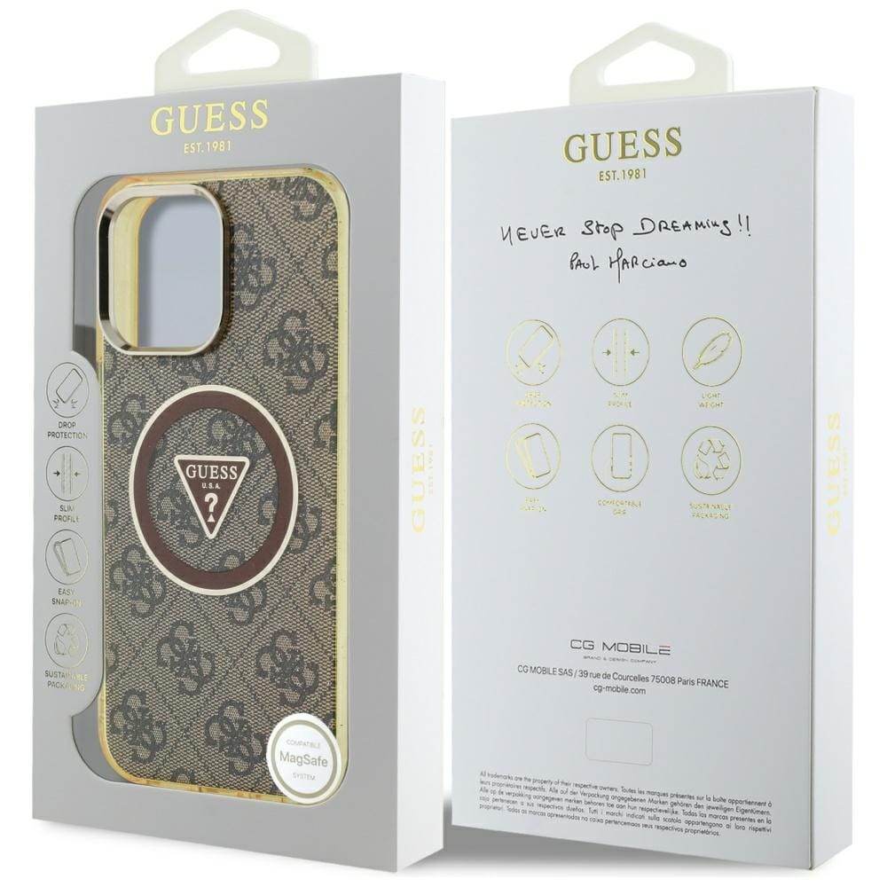 Guess IML Metallglitter 4G Cirkel Triangel MagSafe-fodral för iPhone 16 Pro - Brun