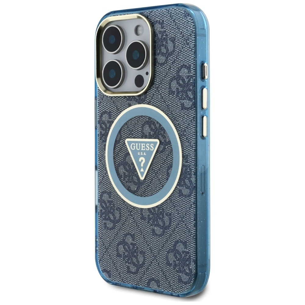 Guess IML Metallglitter 4G Cirkel Triangel MagSafe-fodral för iPhone 16 Pro Max - Blå