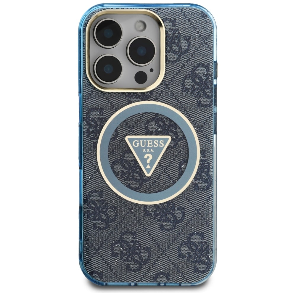 Guess IML Metallglitter 4G Cirkel Triangel MagSafe-fodral för iPhone 16 Pro Max - Blå