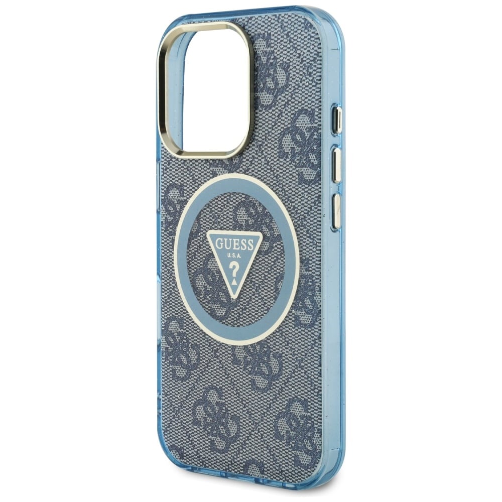 Guess IML Metallglitter 4G Cirkel Triangel MagSafe-fodral för iPhone 16 Pro Max - Blå