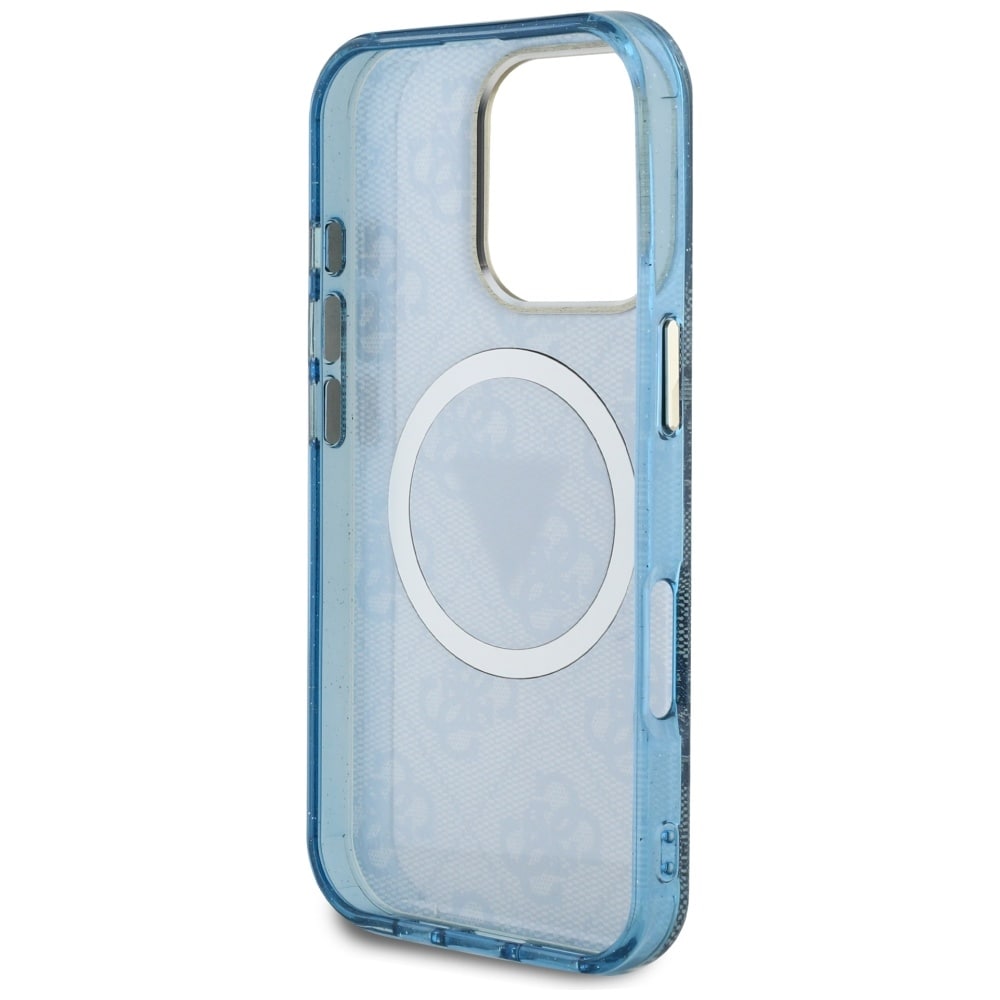 Guess IML Metallglitter 4G Cirkel Triangel MagSafe-fodral för iPhone 16 Pro Max - Blå
