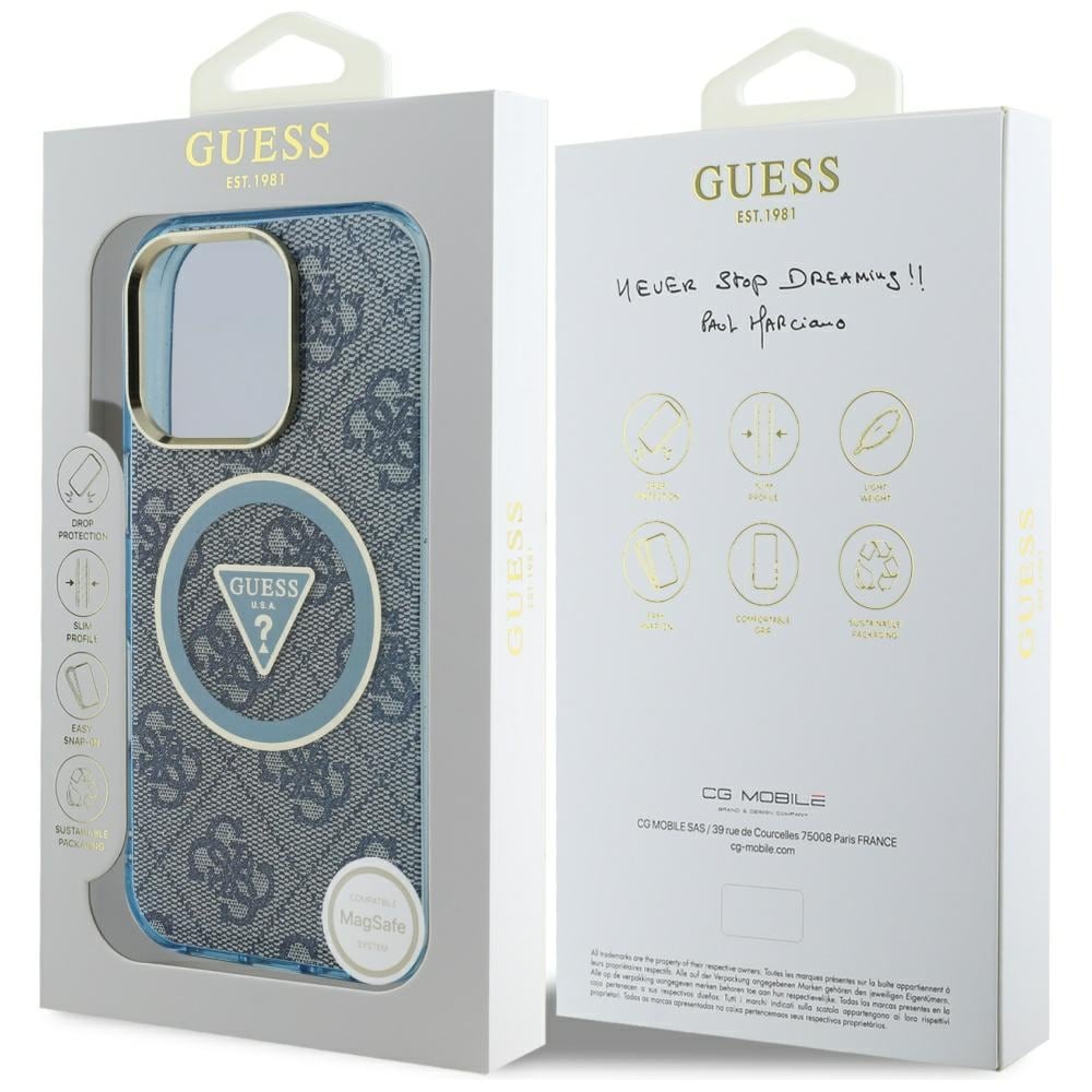 Guess IML Metallglitter 4G Cirkel Triangel MagSafe-fodral för iPhone 16 Pro Max - Blå