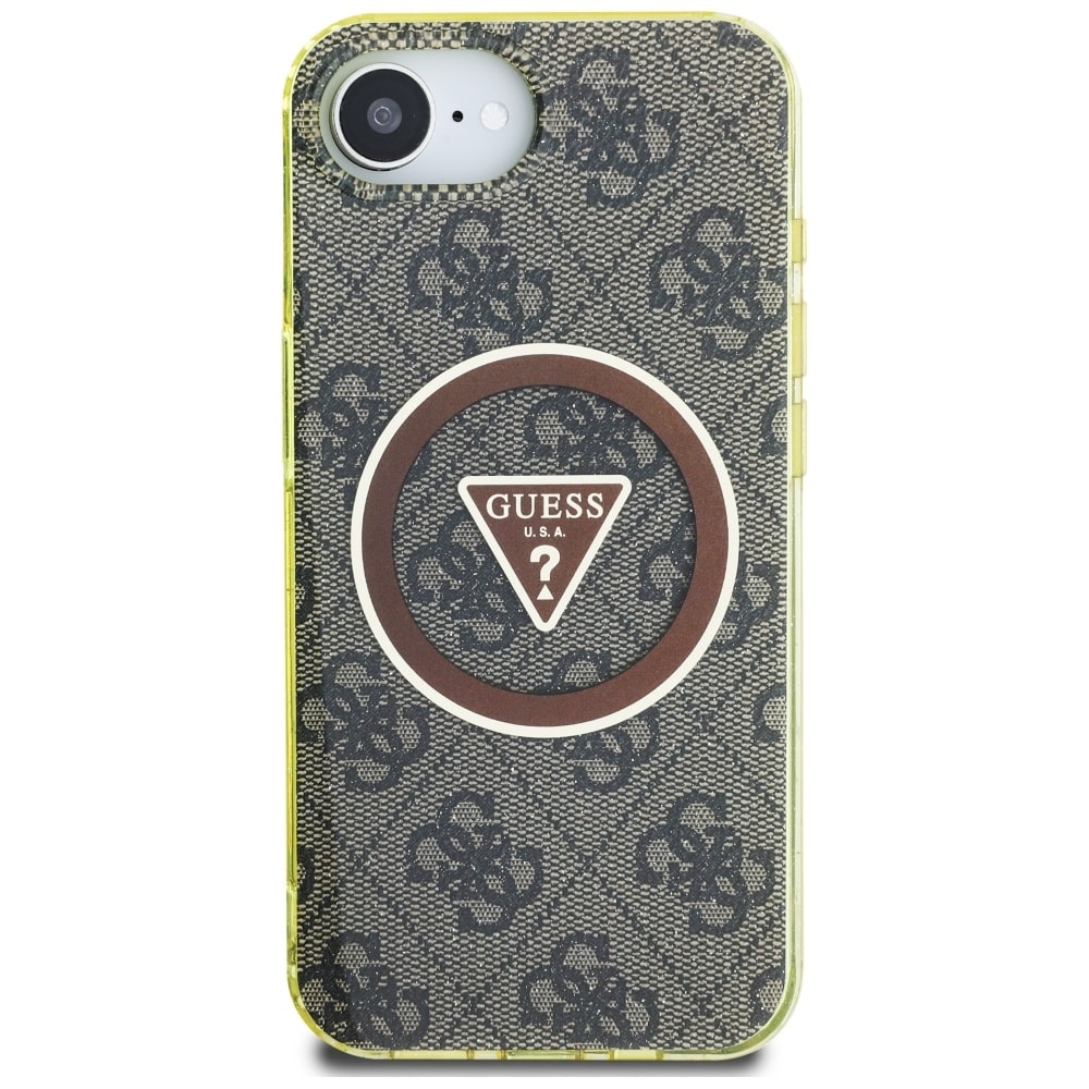 Guess IML Metallglitter 4G Cirkel Triangel MagSafe-fodral för iPhone 16e - brun