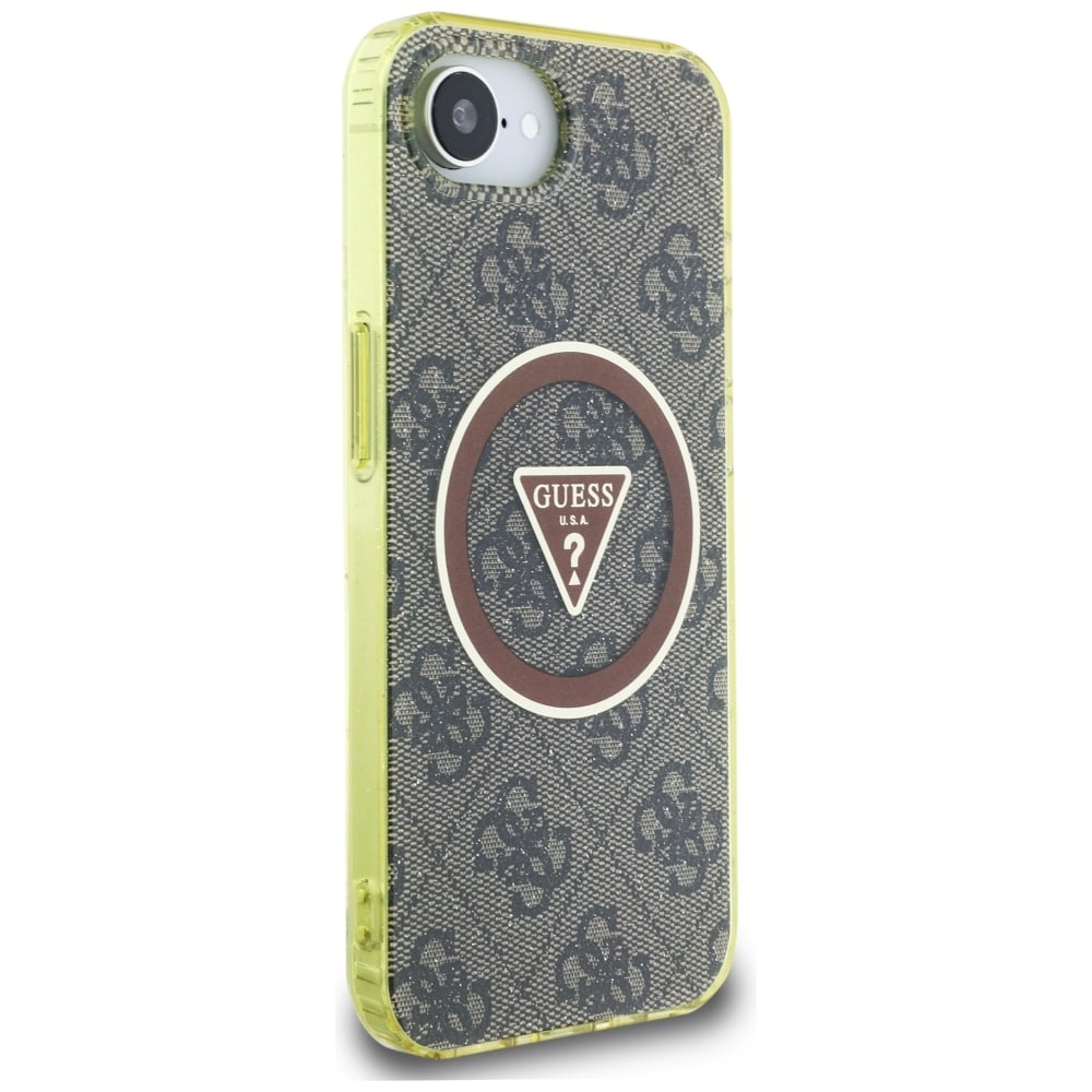 Guess IML Metallglitter 4G Cirkel Triangel MagSafe-fodral för iPhone 16e - brun