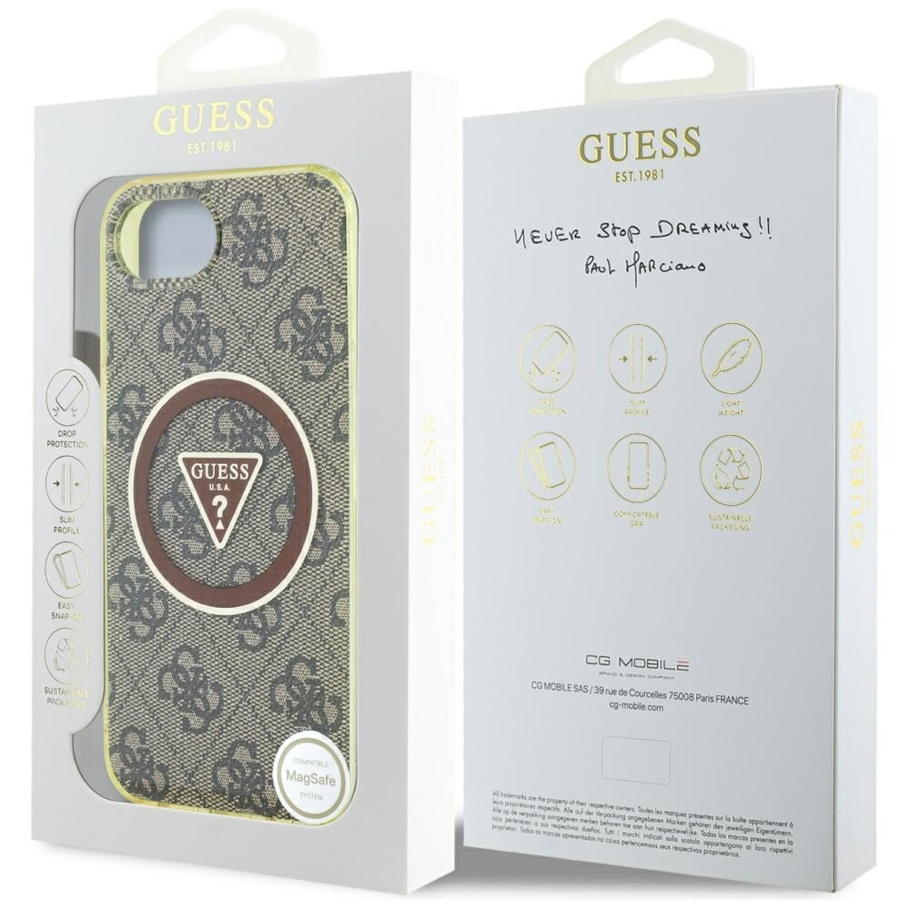 Guess IML Metallglitter 4G Cirkel Triangel MagSafe-fodral för iPhone 16e - brun