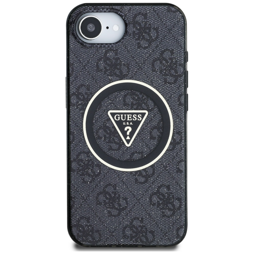 Guess IML Metallglitter 4G Cirkel Triangel MagSafe-fodral för iPhone 16e - Svart