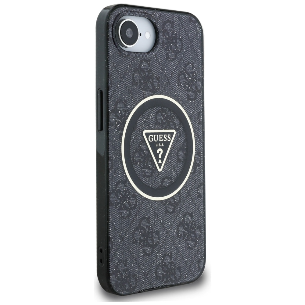 Guess IML Metallglitter 4G Cirkel Triangel MagSafe-fodral för iPhone 16e - Svart