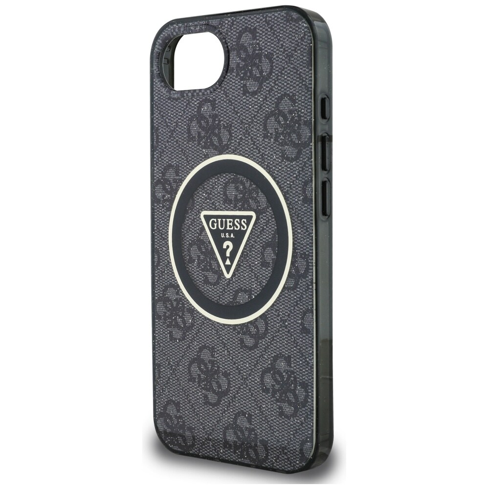 Guess IML Metallglitter 4G Cirkel Triangel MagSafe-fodral för iPhone 16e - Svart
