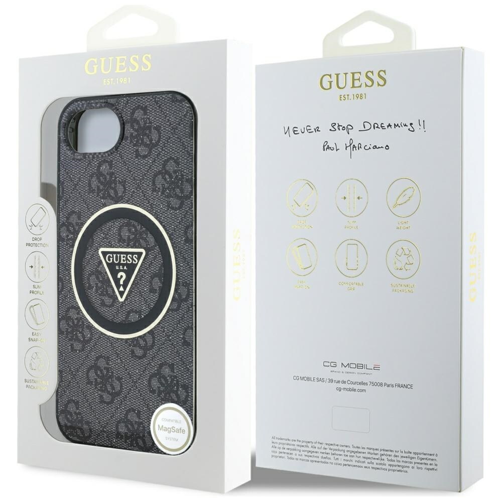 Guess IML Metallglitter 4G Cirkel Triangel MagSafe-fodral för iPhone 16e - Svart