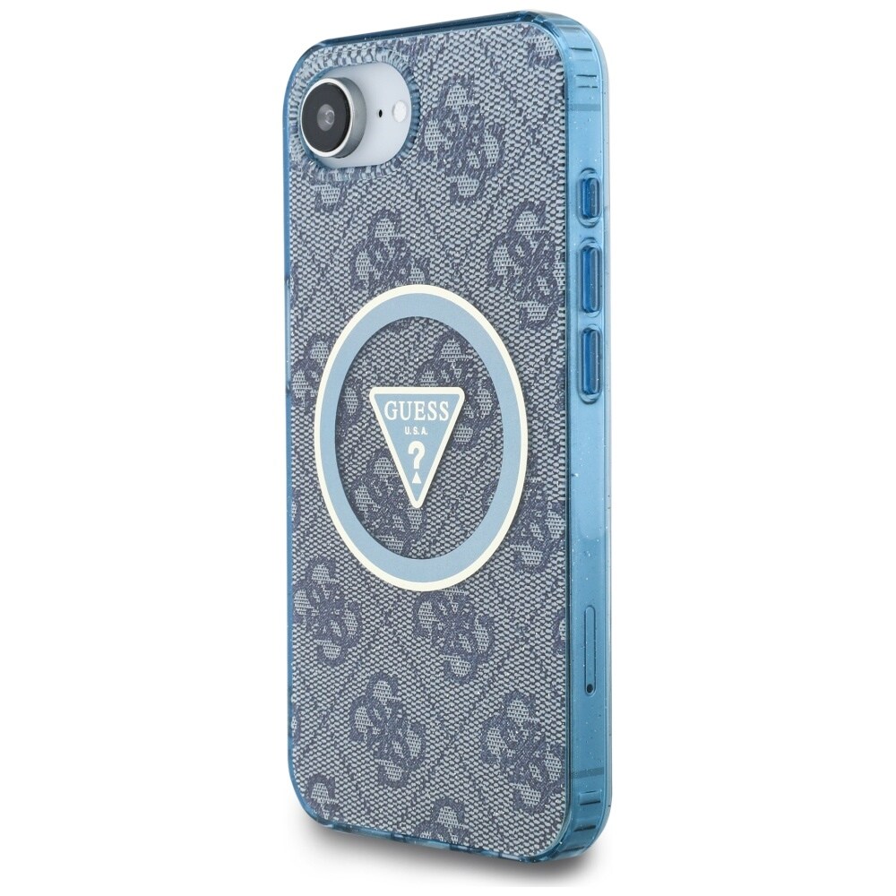 Guess IML Metallglitter 4G Cirkel Triangel MagSafe-fodral för iPhone 16e - Blå