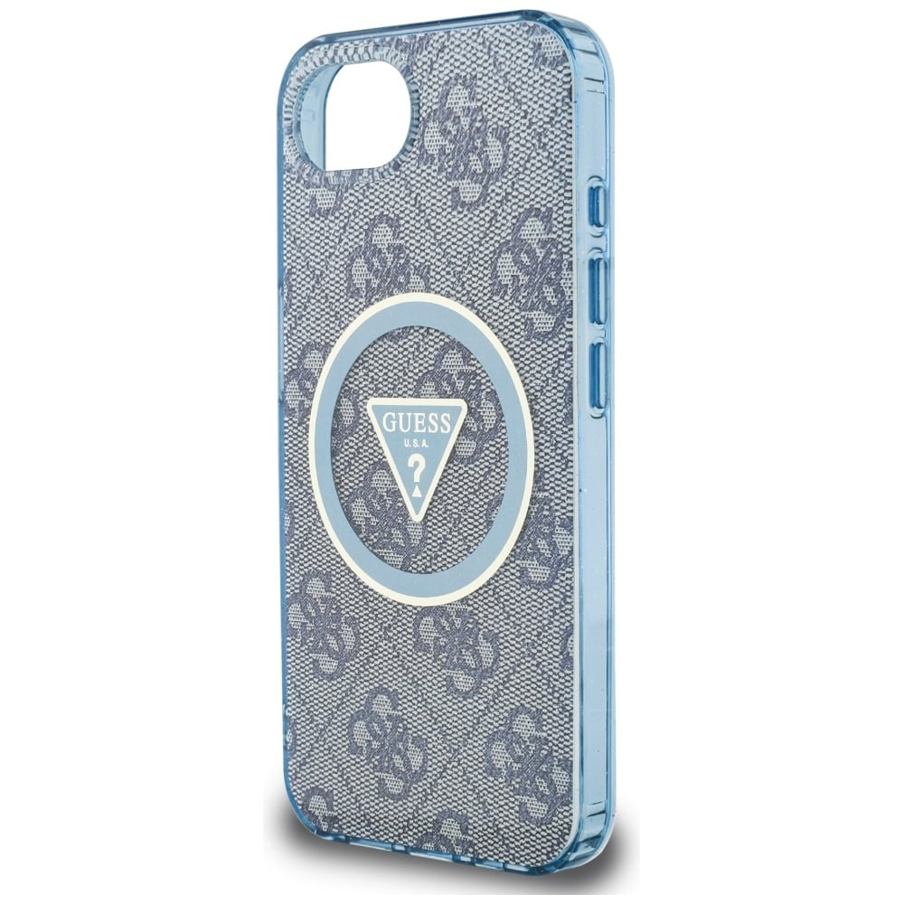 Guess IML Metallglitter 4G Cirkel Triangel MagSafe-fodral för iPhone 16e - Blå
