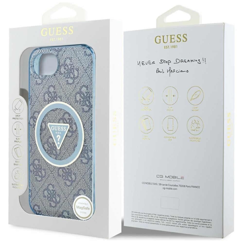 Guess IML Metallglitter 4G Cirkel Triangel MagSafe-fodral för iPhone 16e - Blå