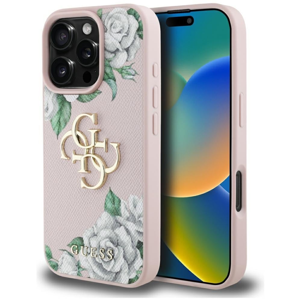 Guess Grained Roses Big 4G-logotyp iPhone 16 Pro Max-fodral - rosa