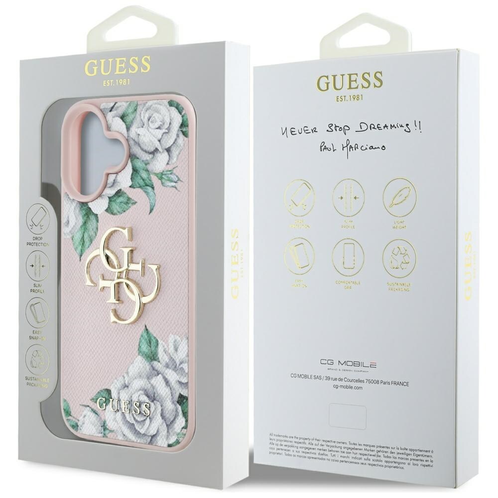 Guess Grained Roses Big 4G-logotyp iPhone 16 fodral - rosa