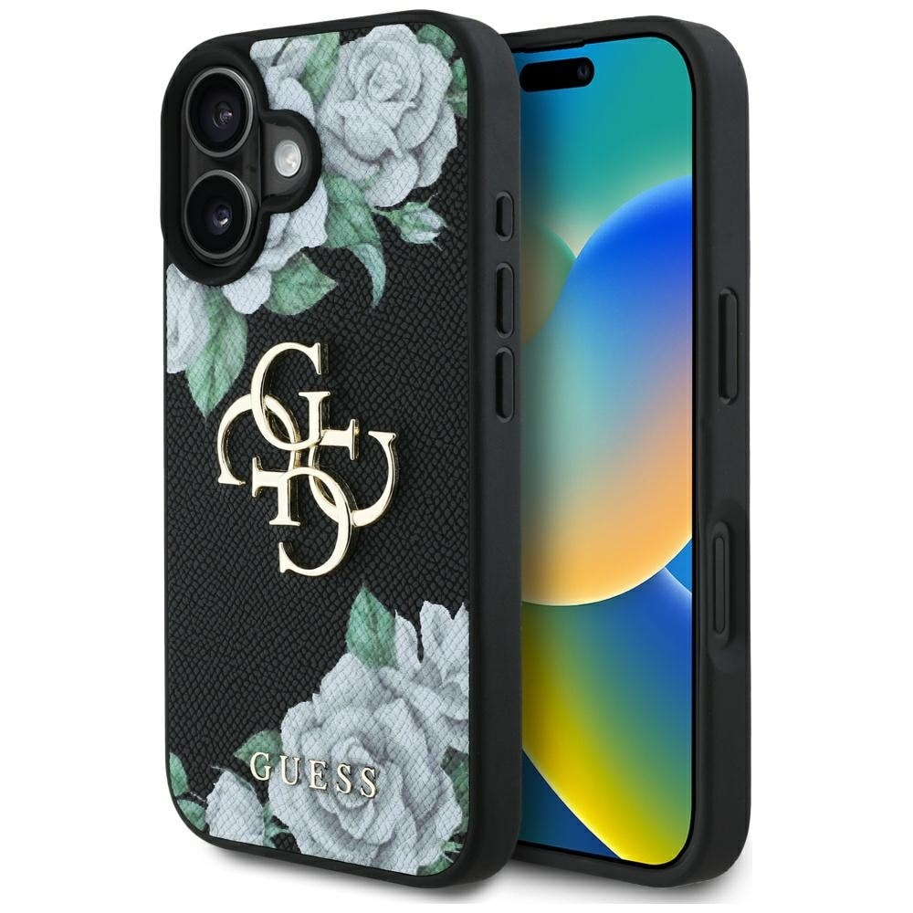 Guess Grained Roses Big 4G logotypfodral för iPhone 16 - svart