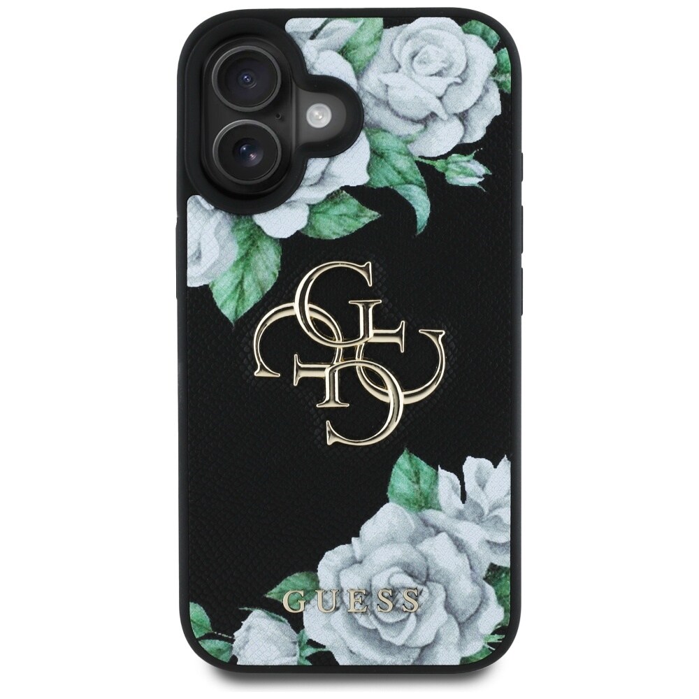 Guess Grained Roses Big 4G logotypfodral för iPhone 16 - svart