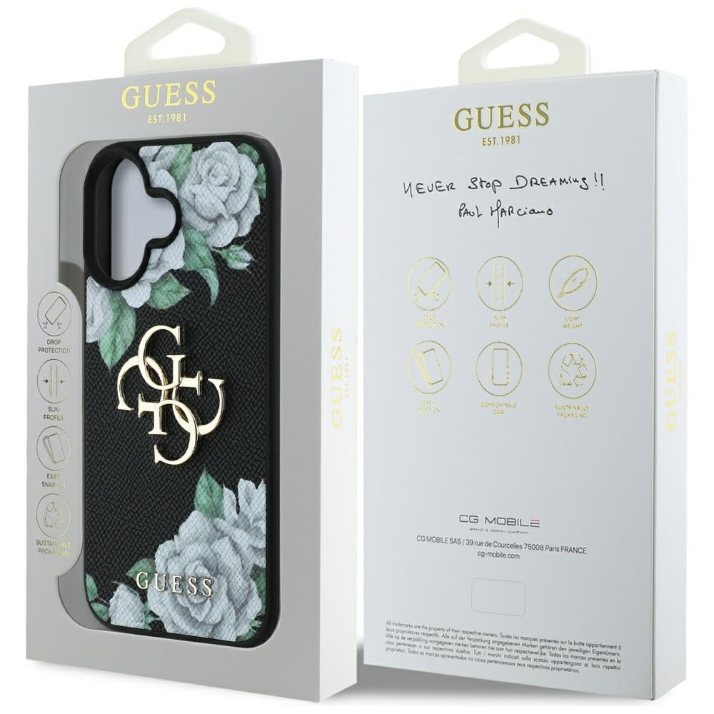 Guess Grained Roses Big 4G logotypfodral för iPhone 16 - svart