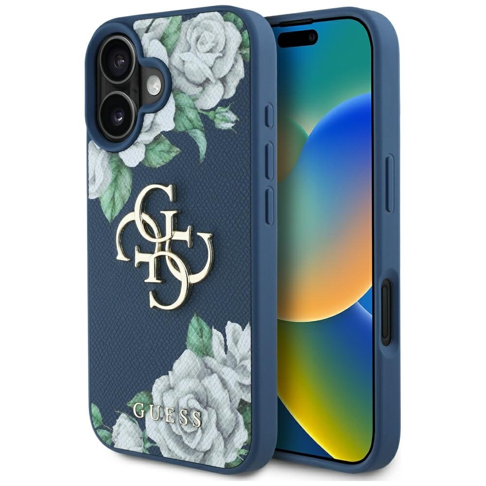 Guess Grained Roses Big 4G logotypfodral för iPhone 16 - blå