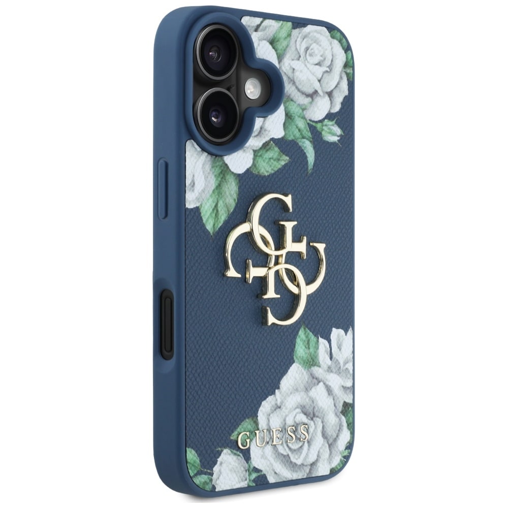 Guess Grained Roses Big 4G logotypfodral för iPhone 16 - blå