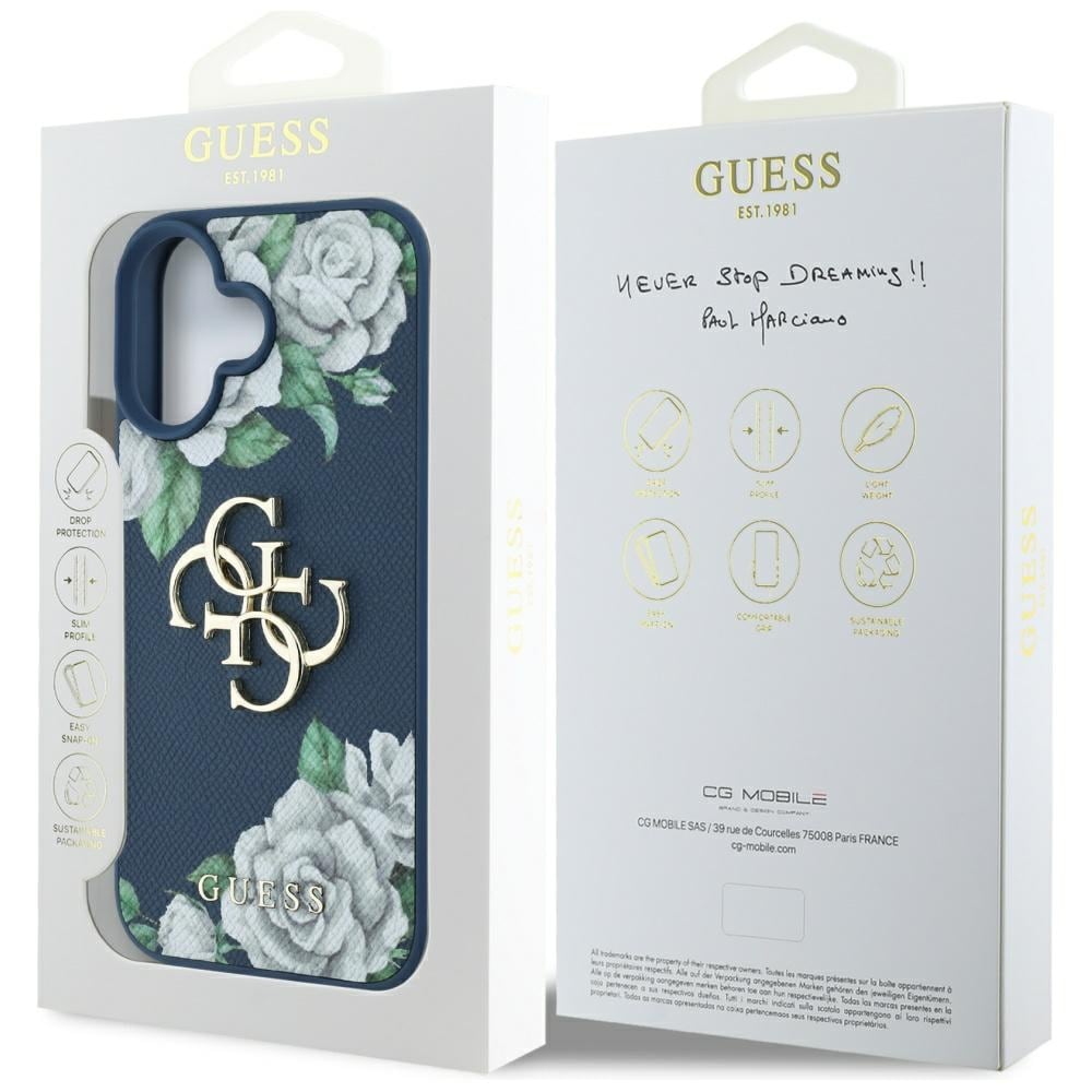 Guess Grained Roses Big 4G logotypfodral för iPhone 16 - blå