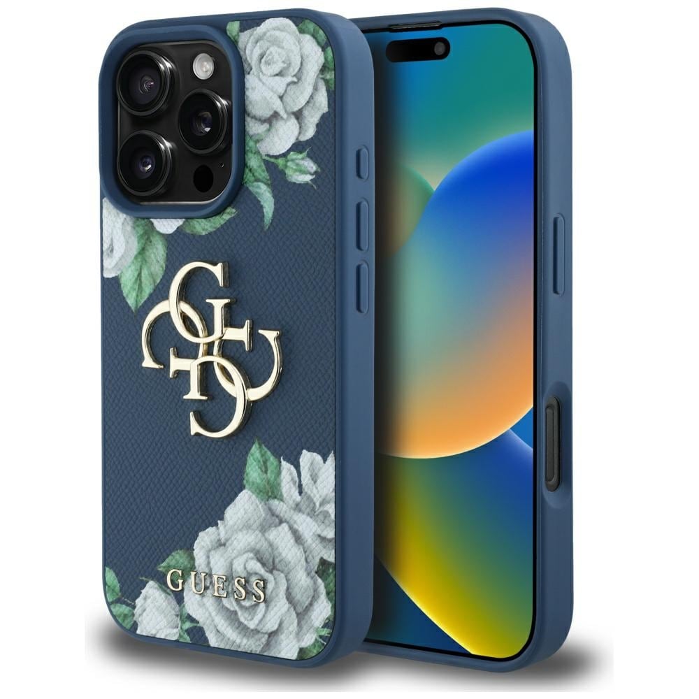 Guess Grained Roses Big 4G logotypfodral för iPhone 16 Pro Max - blå