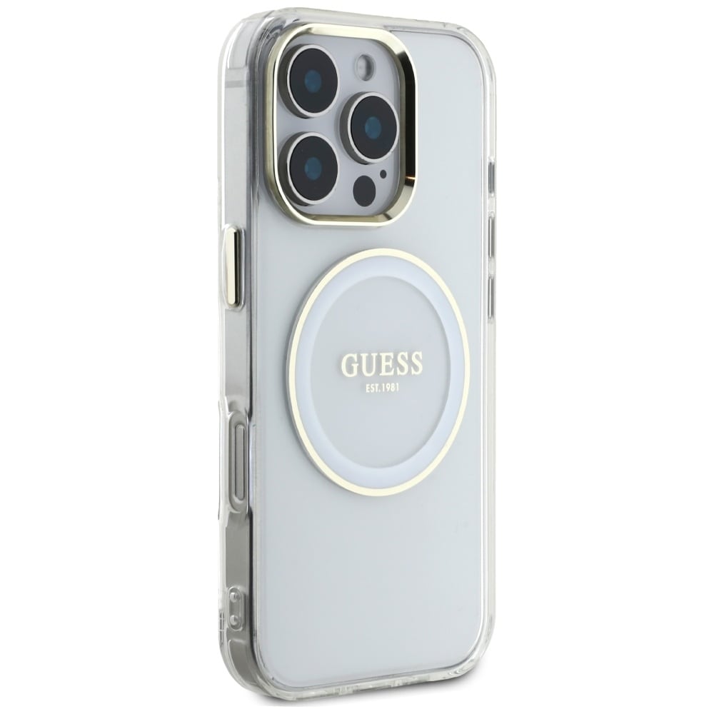 Guess IML Metal Colored Circle Classic Logo MagSafe-etui til iPhone 16 Pro - hvid