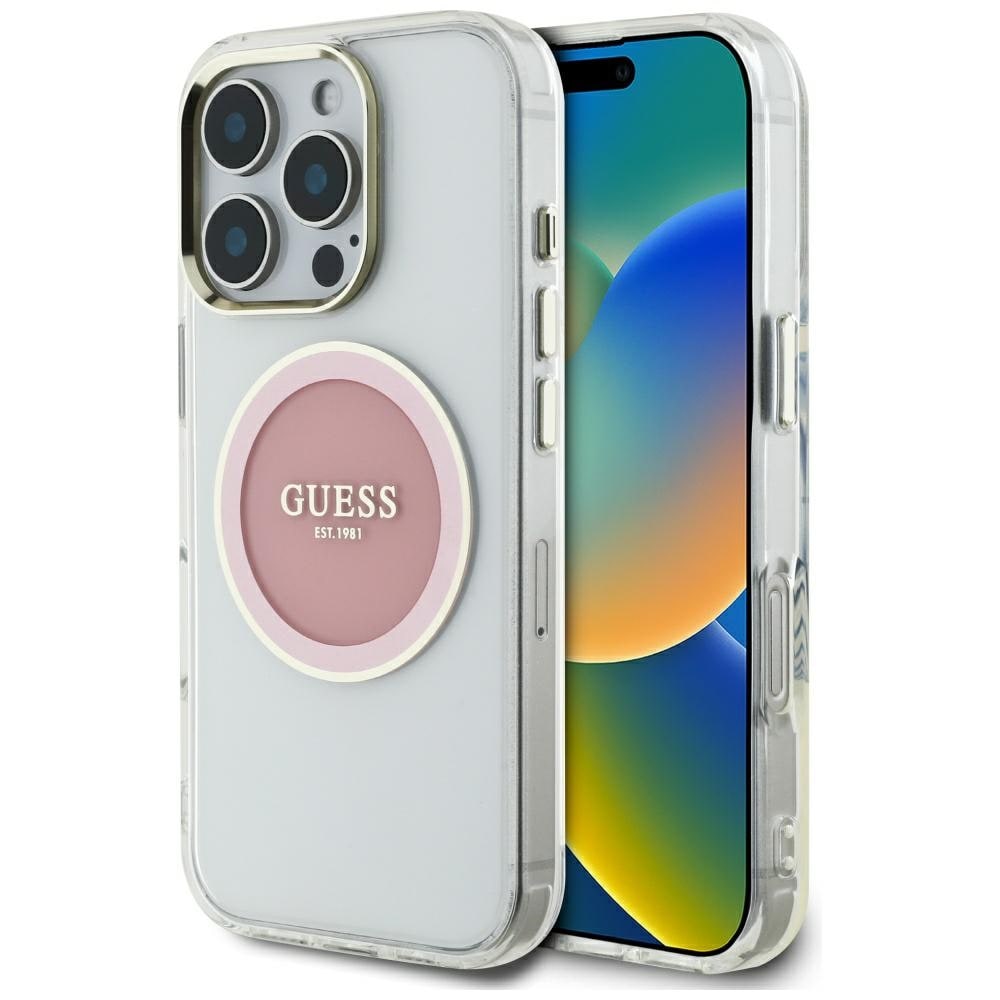 Guess IML metallfärgad cirkel Classic MagSafe-logotyp iPhone 16 Pro-fodral - rosa
