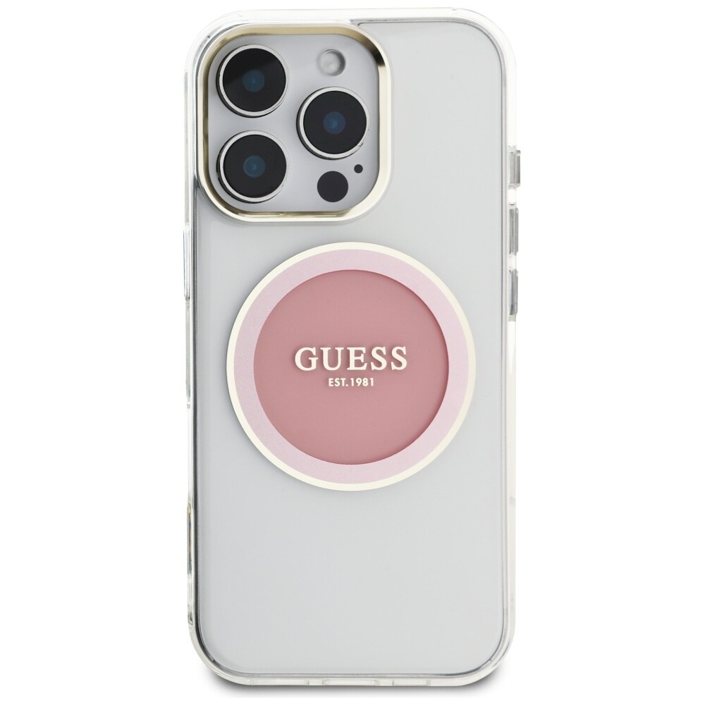 Guess IML metalfarvet cirkel Classic Logo MagSafe iPhone 16 Pro-etui - pink