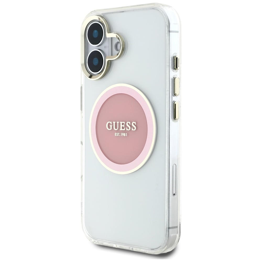 Guess IML Metallfärgad cirkel Classic Logo MagSafe iPhone 16 Fodral - Rosa