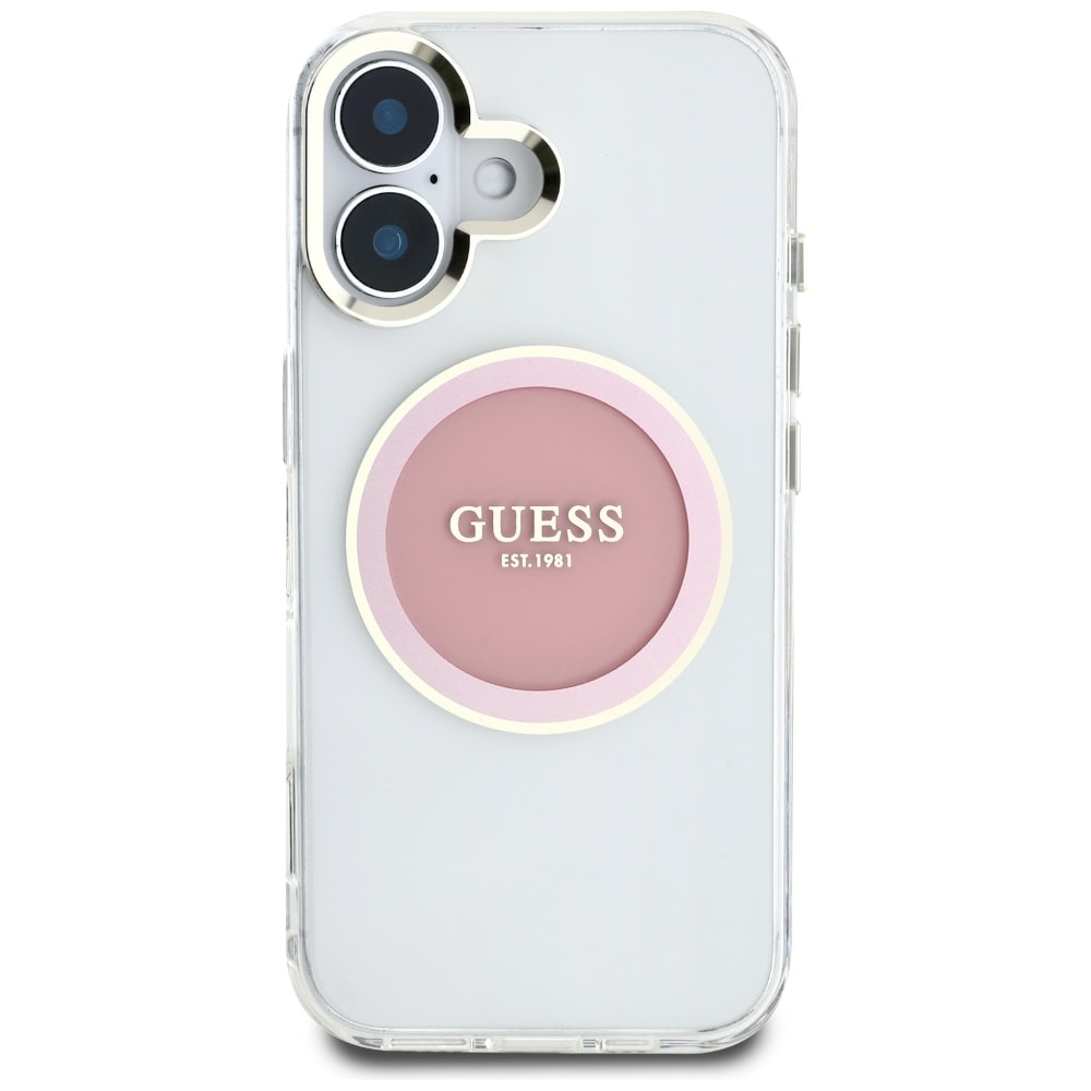 Guess IML Metallfärgad cirkel Classic Logo MagSafe iPhone 16 Fodral - Rosa