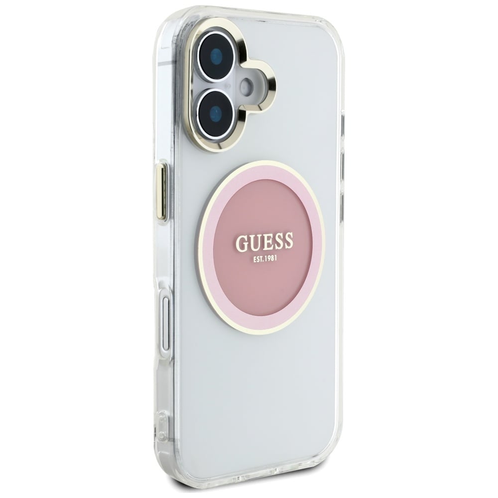 Guess IML Metallfärgad cirkel Classic Logo MagSafe iPhone 16 Fodral - Rosa