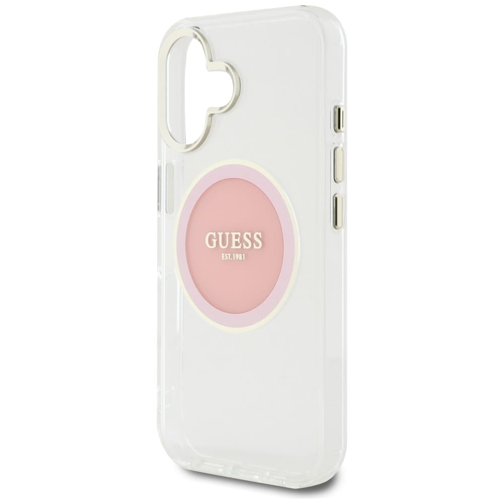 Guess IML Metallfärgad cirkel Classic Logo MagSafe iPhone 16 Fodral - Rosa