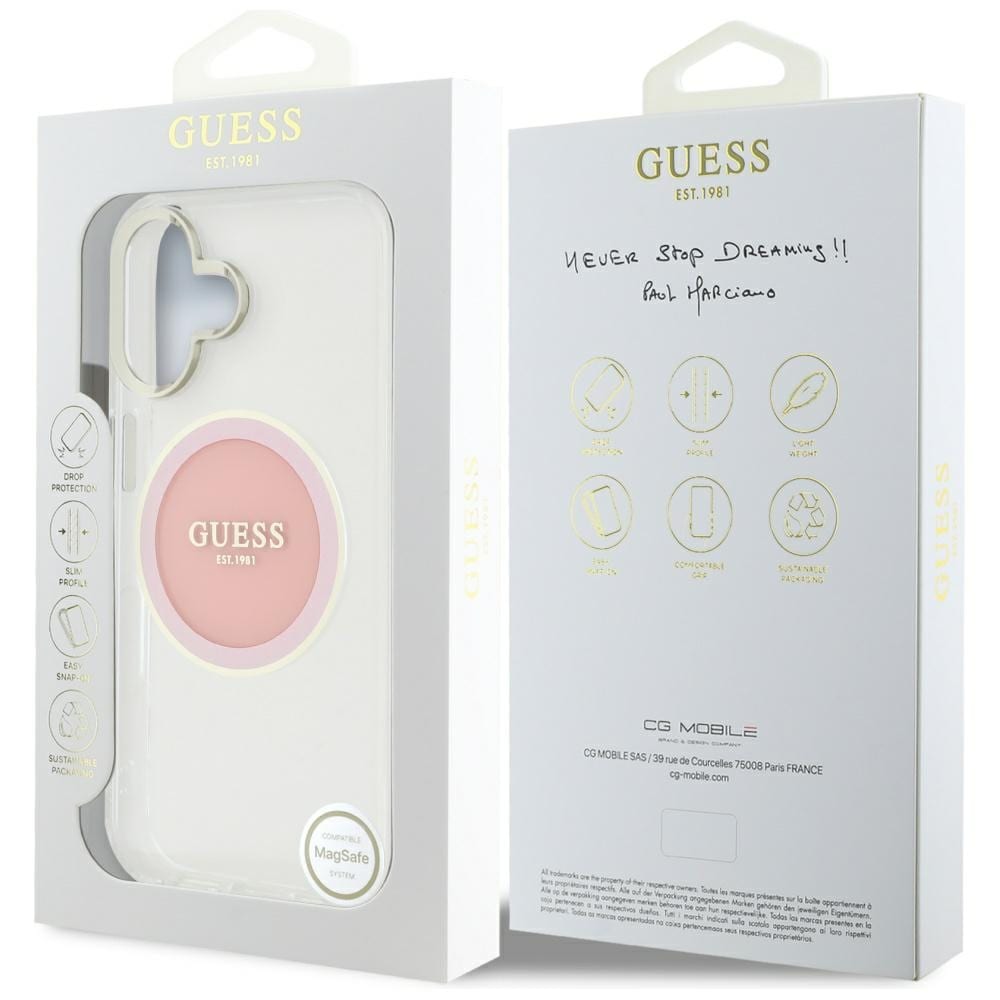 Guess IML Metallfärgad cirkel Classic Logo MagSafe iPhone 16 Fodral - Rosa