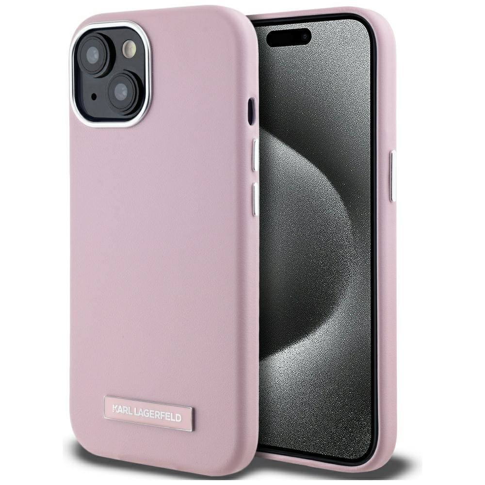 Karl Lagerfeld FW MagSafe iPhone 15-fodral med metallplatta - Rosa