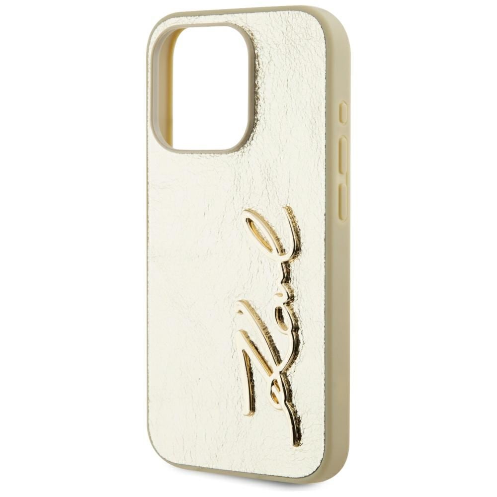 Karl Lagerfeld Rynket metal signatur iPhone 15 Pro taske - guld