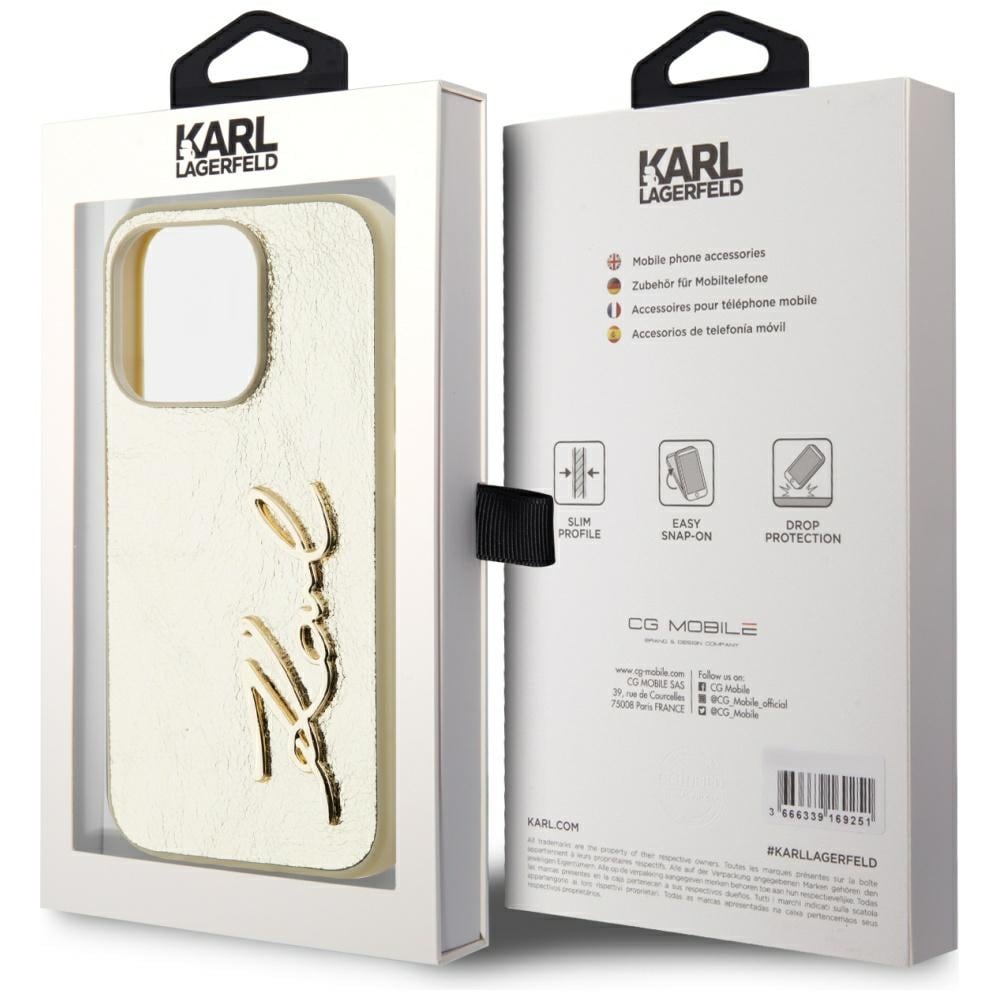 Karl Lagerfeld Rynket metal signatur iPhone 15 Pro taske - guld